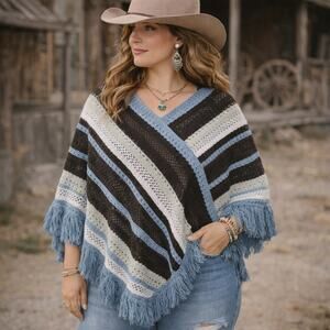 Blue Brown Cream Striped Knit Poncho Cape One Size Fringe Boho Wrap | Argee